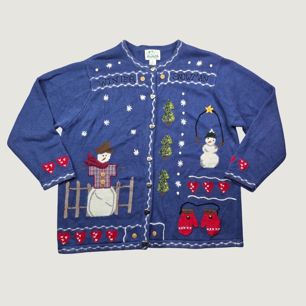 Vintage Quacker Factory Cardigan Women's 1X Blue Snowman Grandma Holiday Sweater
